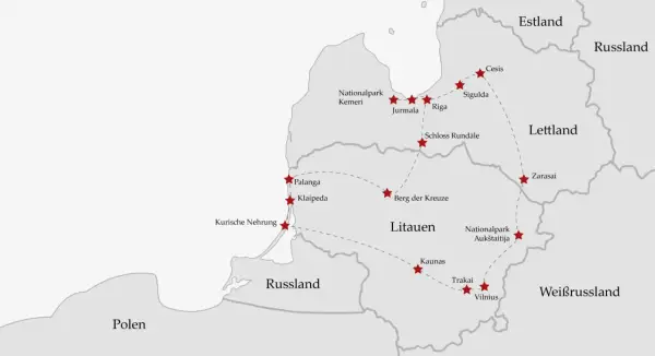 Reiseroute für einen Litauen Urlaub: Karte zeigt Vilnius, Kaunas, Trakai, Berg der Kreuze, Klaipeda, Palanga, Kurische Nehrung, Nationalpark Kemeri, Jurmala, Riga, Schloss Rundale, Cesis, Sigulda, Zarasai.