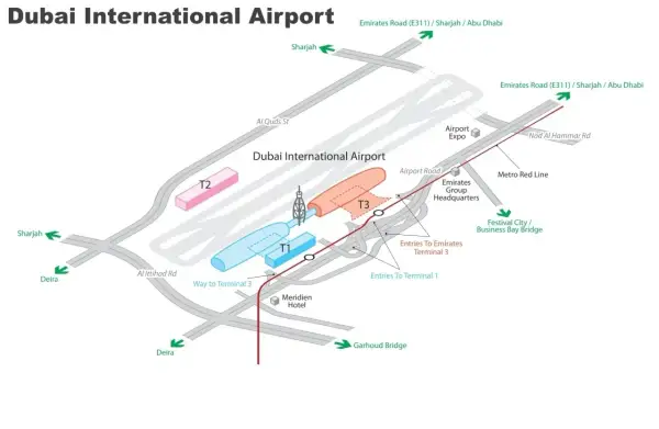 Plan des Dubai Flughafens mit Terminals T1, T2, T3, Metro Red Line und Zufahrten.