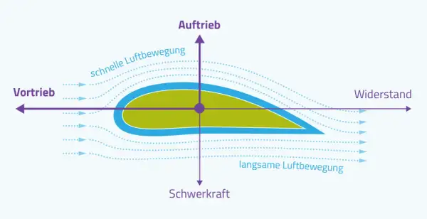 Diagramm erklärt, warum fliegt ein Flugzeug: Auftrieb durch schnelle Luftbewegung über dem Flügel, Vortrieb, Schwerkraft und Widerstand.