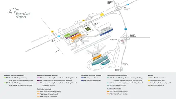 Frankfurt Flughafen Parken Kurzzeit: Übersicht der Parkmöglichkeiten an Terminal 1, 2 und 3, inklusive Kurzzeitparken und Drop-off Areas.