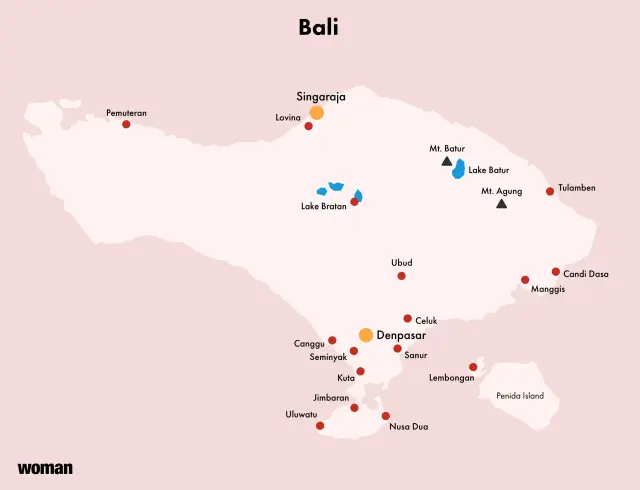 Karte von Bali mit Städten wie Denpasar, Ubud und Seen. Hier siehst du, wo liegt Bali.